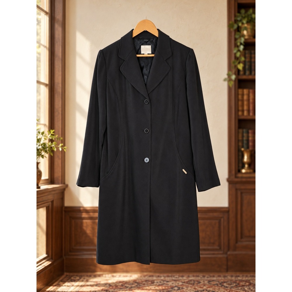 Vtg Classic Black Tailored Knee Length Dress Coat Size 12 Notched Lapel Lined